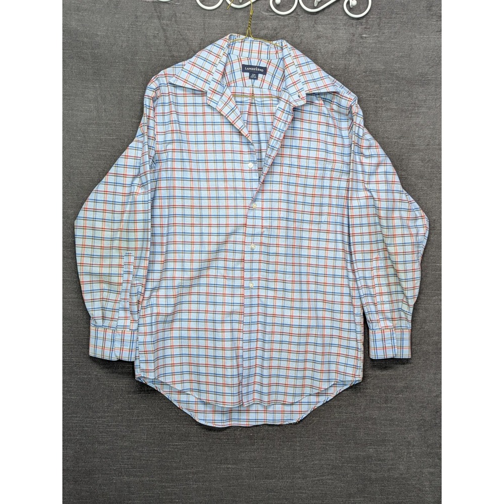 Vtg Lands End Blue Windowpane Button Down Shirt Classic Business Wear Size 15-32